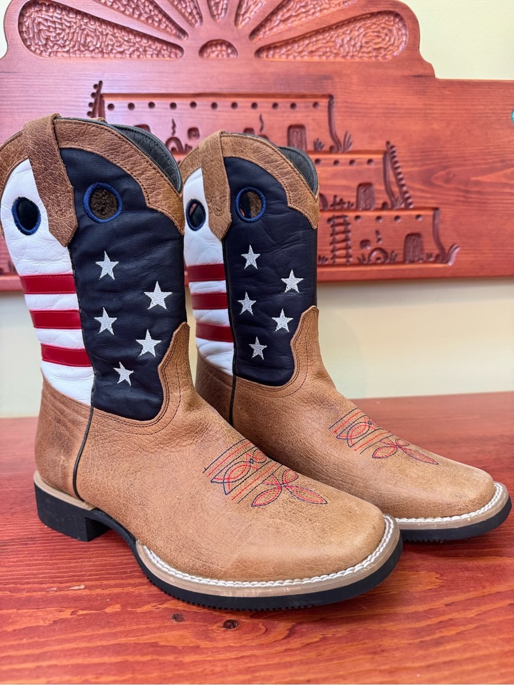 J.B. Dillon Kids Tan and Black Cowboy Boots with Flag Accent